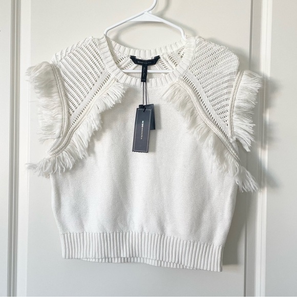 BCBGMAXAZRIA off white Gardenia fringe knit top xxs - Picture 2 of 5